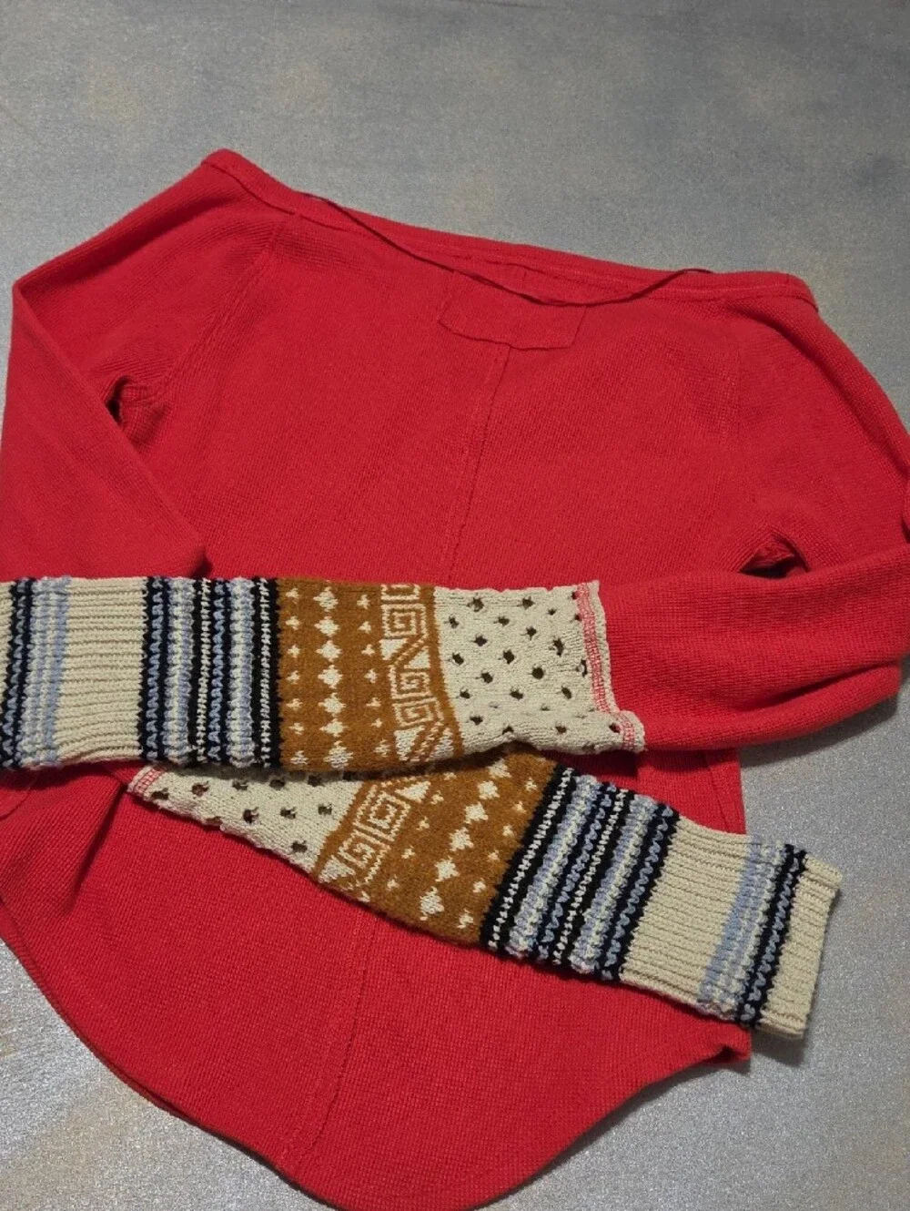 Free People Red Off-Shoulder Sweater with Patterned Knit Cuffs NWOTS